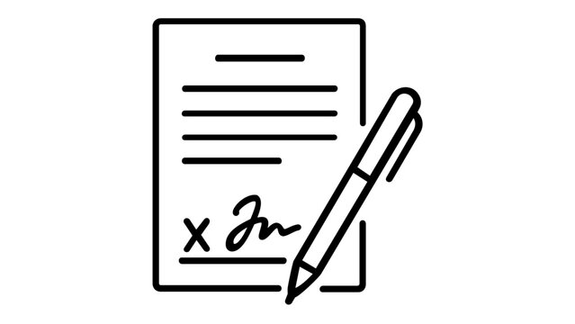 Minimalist vector icon illustration of a business contract document with a signature and a pen, representing a legal agreement, partnership deal, or signed paperwork in a flat line art style.