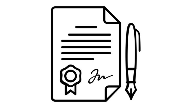 Professional Business Contract and Legal Agreement Vector Icon Illustration Featuring a Signed Document with a Wax Seal and a Fountain Pen, Perfect for Finance, Law, and Corporate Concepts.