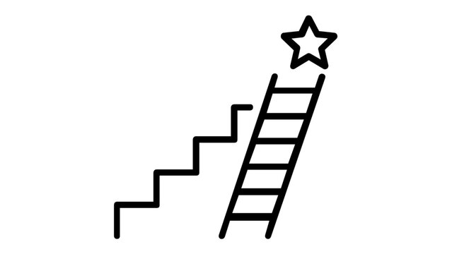 Vector icon illustration featuring a ladder and staircase leading to a star, representing business success, career advancement, goal achievement, progress, and ambition in a minimalist style.