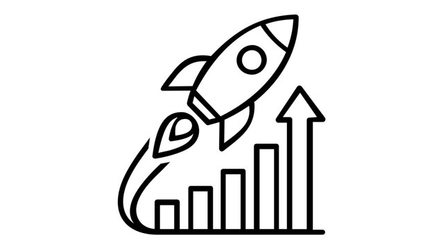 Minimalist vector icon illustration of a rocket ship blasting off above a rising bar chart with an upward arrow, representing business growth, startup success, and financial acceleration.