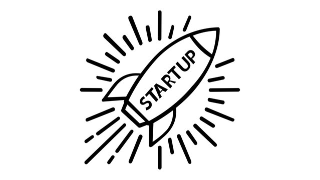 Minimalist startup rocket launch vector icon illustration. A black and white line art drawing of a spaceship blasting off with the word startup on its side, symbolizing business growth and success.