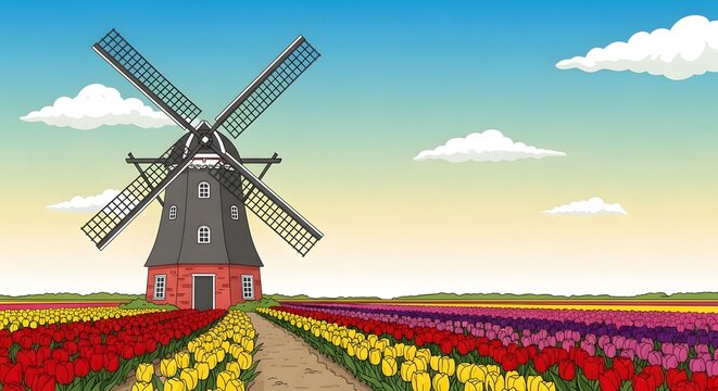 Dutch windmill in tulip field vibrant flower rows landscape cartoon style.
