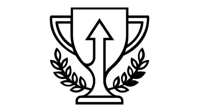 Minimalist vector icon illustration of a trophy cup featuring an upward growth arrow and laurel wreath, symbolizing business achievement, success, leadership, and winning performance goals.