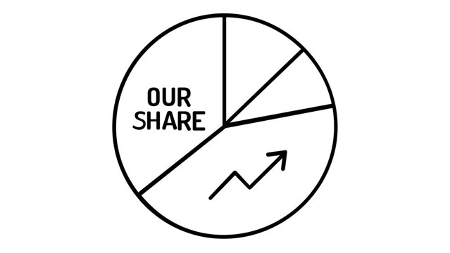 Minimalist black and white vector illustration of a pie chart representing market share growth, featuring a slice labeled OUR SHARE and an upward arrow symbol for business success and data.
