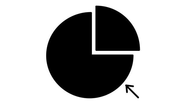 Professional minimalist black and white pie chart vector icon with a separated slice and an arrow, perfect for business data analysis, financial growth, and goal achievement illustrations.