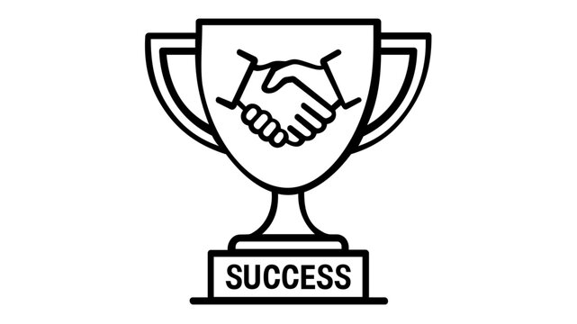 Minimalist vector icon illustration of a trophy cup featuring a handshake symbol and success text, representing business achievement, partnership, winning, and professional goal attainment.