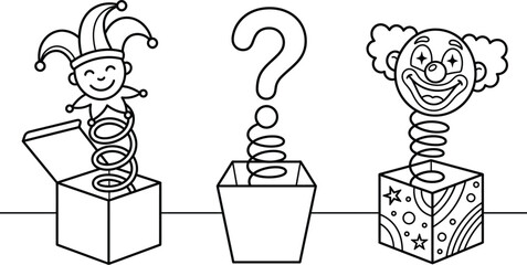 Naklejka premium Jack in the Box Clown Surprise Vector Illustration - Funny Clown Popping Out of Box with Question Mark