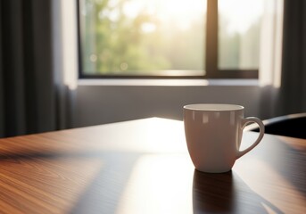 Fototapeta premium A clean white ceramic coffee mug sits on a sleek wooden desk near a large window with soft morning sunlight casting gentle shadows in a room, mockup, window, cozy