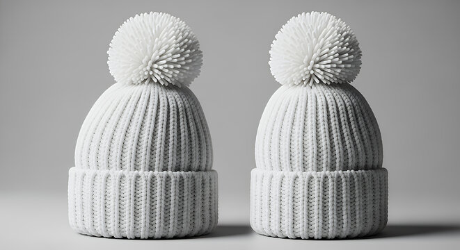 Two identical white knitted beanie hats with pom-poms displayed against a neutral grey background showcasing their ribbed texture and simple design hat mockup mockup cap hat template fashion clothing 