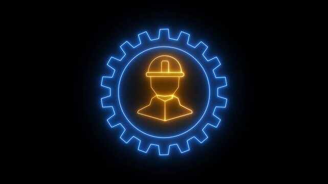 Neon gear icon with worker silhouette in hard hat for industry and technology concepts with blue and orange light