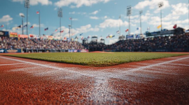 Low angle view of white foul lines on a red clay baseball field with a stadium in the background