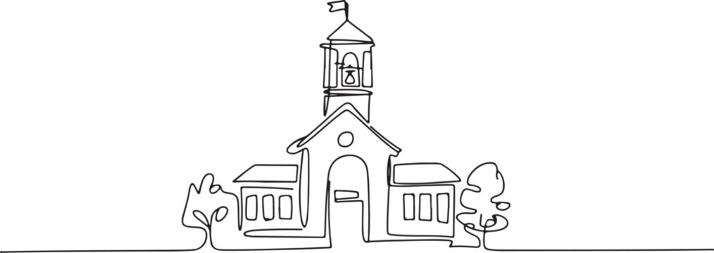 School building with bell tower and trees in continuous line drawing