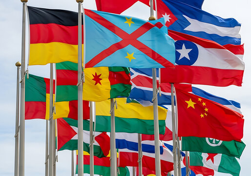 Collection of diverse national flags waving together in the wind representing global unity, international cooperation and multinational relations