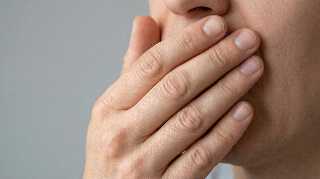 Close-up of person covering mouth in thoughtful gesture indoors  