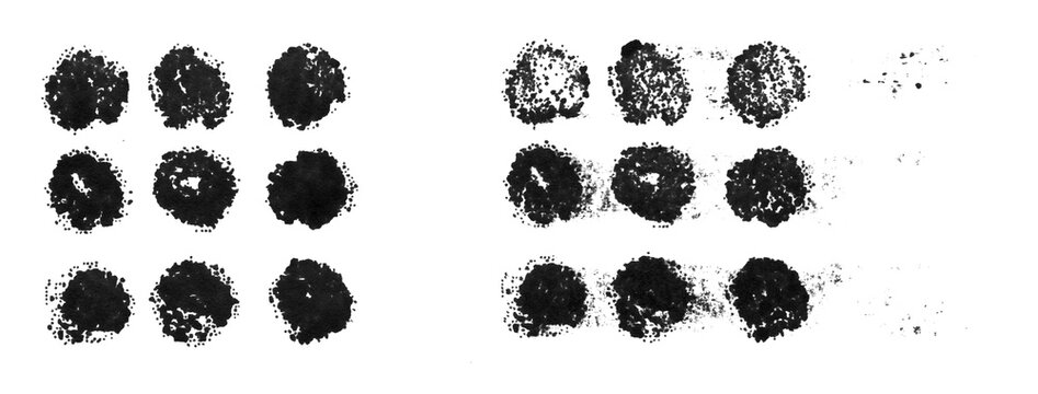 Authentic handmade stamp set created with black ink on real white paper. Features multiple organic circular impressions with natural imperfections, ink variations, and subtle smudges.
