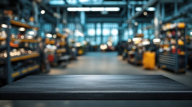 Empty stone table top with blurred workshop or garage background for product display