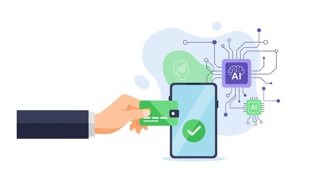 AI-Powered Secure Mobile Payment Processing: Hand with Credit Card Interacting with Smartphone, Enhanced by Artificial Intelligence Technology