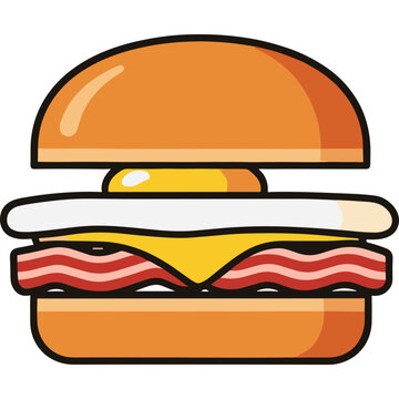 A cartoon illustration of a burger with bacon cheese and egg on a plate indoors.