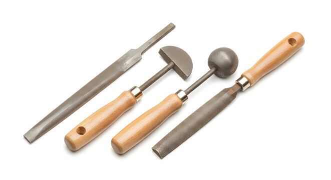 Four metal carving tools with wooden handles