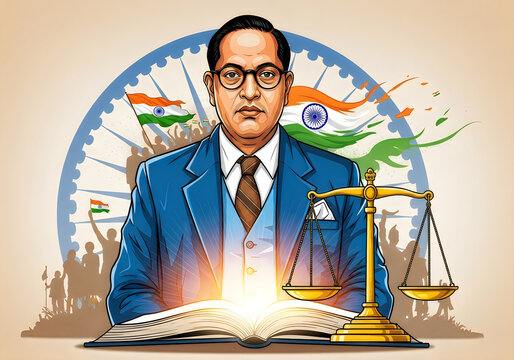 Dr. B.R. Ambedkar, Architect of Indian Constitution, with Scales of Justice and Indian Flag