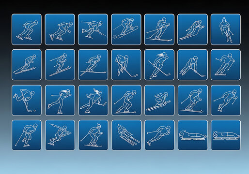 Winter sports silhouettes icon grid | olympic games theme with athletes performing extreme cold weather activities vector with sport icons