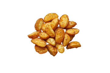 Fototapeta premium Golden seasoned potato wedges pile, crispy baked snack