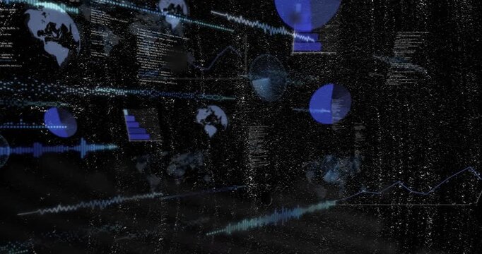 After data burst, pie charts and globe icons fading, sliding, drifting revealing network health