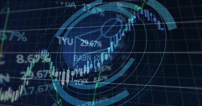 Grid showing market tickers, initiating HUD rings and magnifier, chart rising then pulling back