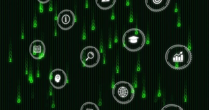 Green binary rain starting, floating UI cluster drifting and shifting, rings pulsing showing data