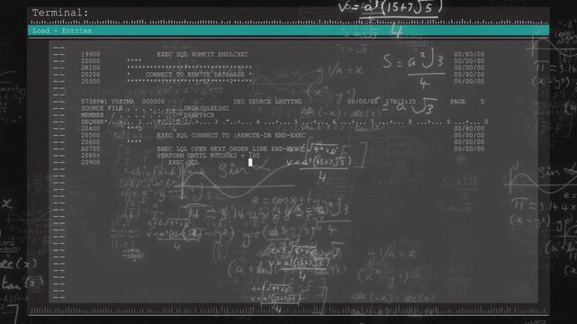 Vertical video: Terminal fading in, showing SQL connecting logs, glare sweeping, chalk math, tech