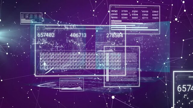 UI panels fading in, starting numeric counters, keyboard shifting, nodes moving, showing tech data