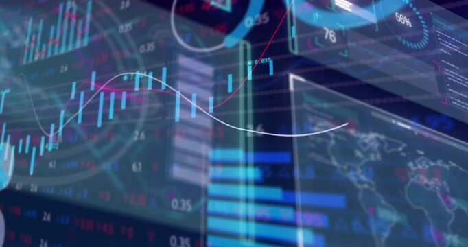 Finance dashboard receiving feed, sweeping lines, moving candles, revealing world map for markets
