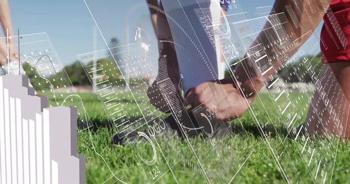 Kneeling player tying teammate's cleat on grass, preparing for sports with HUD graphics overlaying
