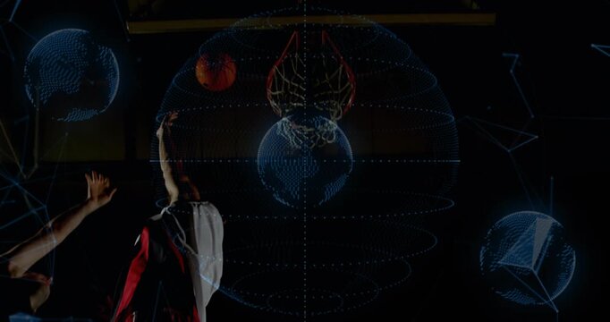 Players contesting layup as shooter driving to score, blue wireframes highlighting rim in sports