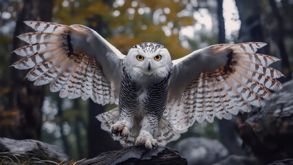 Fototapeta premium Majestic snowy owl landing with impressive wingspan and talons extended. Detailed white feathers, yellow eyes, and striking plumage stand out against a blurred autumn forest background.