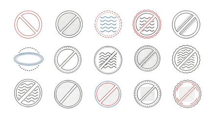 Fototapeta premium Minimalist prohibition icons set, 15 circular forbidden symbols in line art style, red and grey restriction signs for web and app UI design