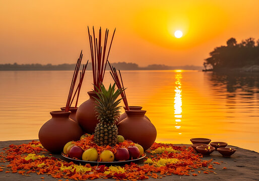 Chhath puja ritual offerings by sacred river at golden sunset, traditional hindu festival ceremony with fruits, golden hour