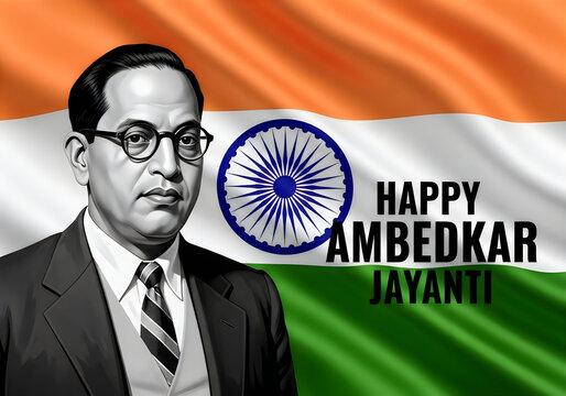 Dr. B.R. Ambedkar Portrait with Indian Flag and "Happy Ambedkar Jayanti" Text