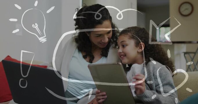 Mom leaning, child tapping tablet sparking white doodles on screen and guiding learning with laptop
