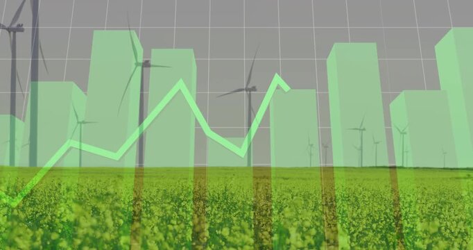 Translucent bars rising from horizon, neon polyline tracing peaks, showing turbine power trends