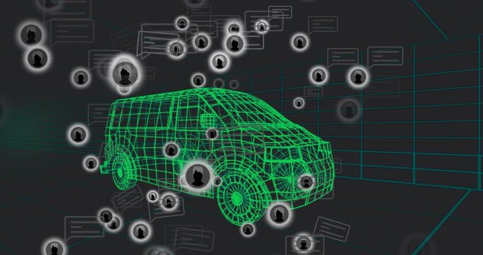 Neon wireframe van sitting in teal grid nodes entering, clustering around van, showing tech network