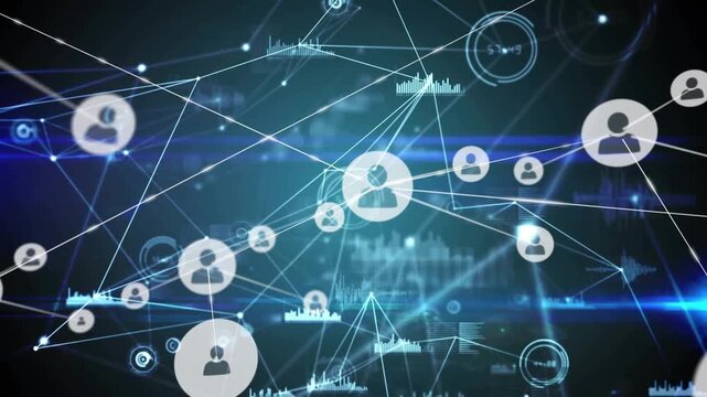 Central user node spawning icons and lines, evolving into dense network showing data links
