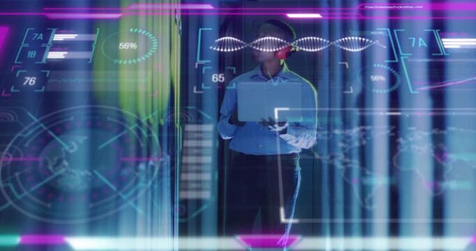 IT tech walking server aisle, using tablet activating holo diagnostics, pausing, monitoring servers
