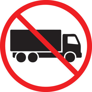 No trucks allowed prohibition sign with a silhouette of a heavy cargo vehicle or semi-truck, used for weight limits, residential zones, or bridge height restrictions.