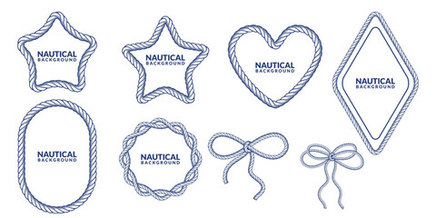 Rope frames, bows vector set. Nautical marine design for banner, poster, print, card, label, beach party invitation