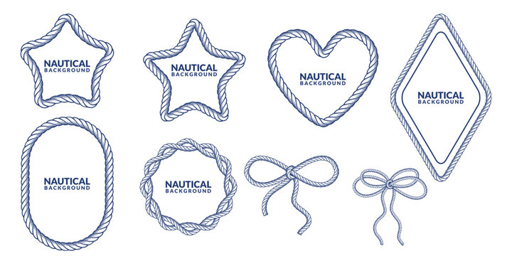Rope frames, bows vector set. Nautical marine design for banner, poster, print, card, label, beach party invitation