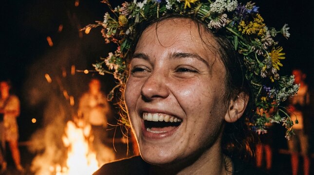 Young Woman Laughing with Flower Crown Near Bonfire During Noc Świętojańska Festival