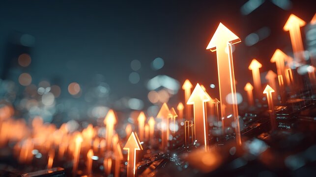 Futuristic raise arrow chart digital transformation abstract technology background. Big data and business growth currency stock and investment economy