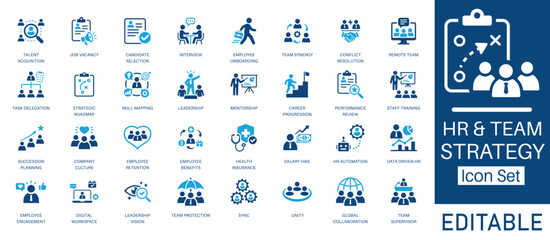 HR Strategy and Employee Management solid icon set. Featuring talent acquisition, remote team, HR automation, and data driven HR. Vector icons for corporate recruitment projects.