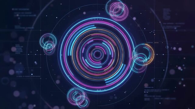 Technological Symphony: A mesmerizing display of interconnected circles and data visualizations, painted in vibrant neon hues.